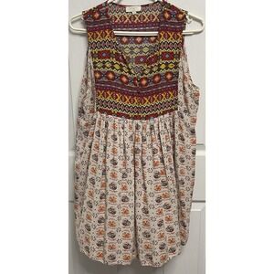 Umgee Women Aztec V-Neck Sleeveless Peasant Boho Mini Dress Red Yellow Beige L